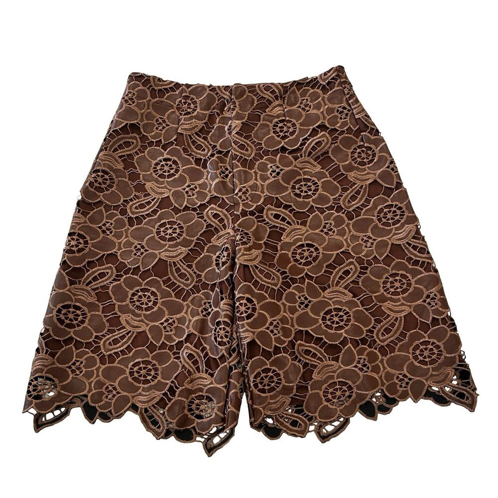 Anthropologie Coco Floral Lace Faux Leather Shorts Size 2 Plum Brown